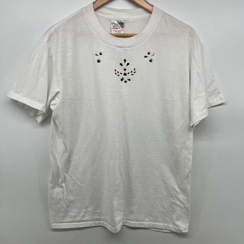 Vintage 90s Women Size Large Oneita Brand T -Shirt‎ Embellished Neckline Jeweled